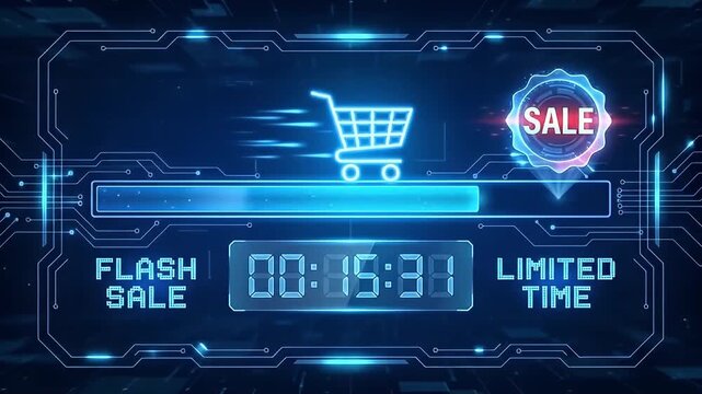 Flash sale countdown timer digital clock shopping cart icon glowing blue neon futuristic interface design limited time offer urgency online shopping cart timer sale countdown digital clock limited