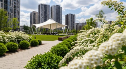 Fototapeta premium Modern Residential Area with Landscaped Green Park, White Flowers, and High-Rise Apartment Buildings