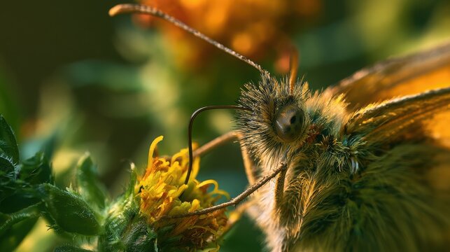 Butterfly portrait displays a detailed macro head shot while resting upon a vibrant wildflower in the morning light.