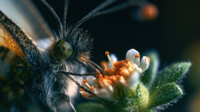 Butterfly probes the center of a tiny flower with its proboscis in a close-up botanical encounter.