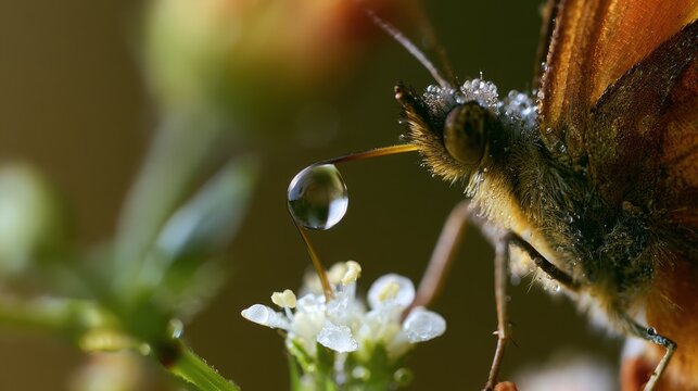 Butterfly balances a crystal clear water droplet on its proboscis while feeding on a small white wildflower.