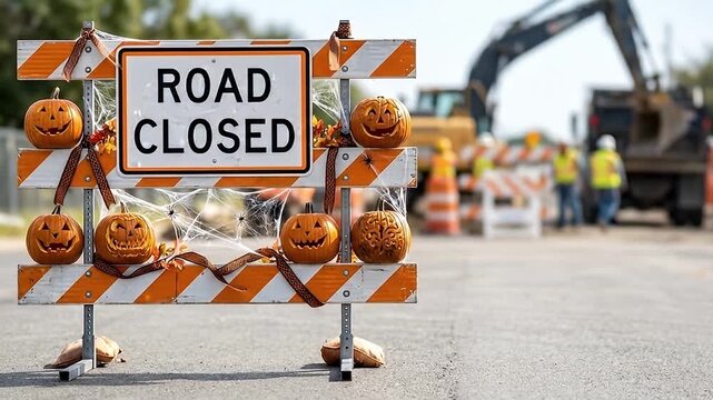 Road closed sign decorated with carved pumpkin and spider web Halloween decoration near construction site with workers and machinery creating festive obstructed scene