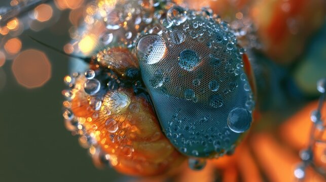 Dragonfly eye reflects the surrounding environment while being adorned with tiny spherical water droplets.