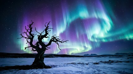 Fototapeta premium Vibrant Aurora Borealis shining over a lone winter tree at night