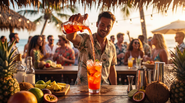 Bartender pouring tropical cocktail at sunset beach party