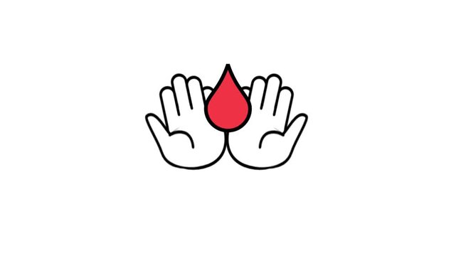 Outlined open hands cupping a red blood drop scale up, pulse gently, and scale back down against a white background.