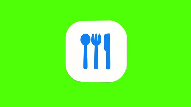 3D animated fork knife spoon cutlery icon on a white rounded card with a green screen background. Smooth loop motion, perfect for mobile app UI, restaurant menu, and video editing elements.