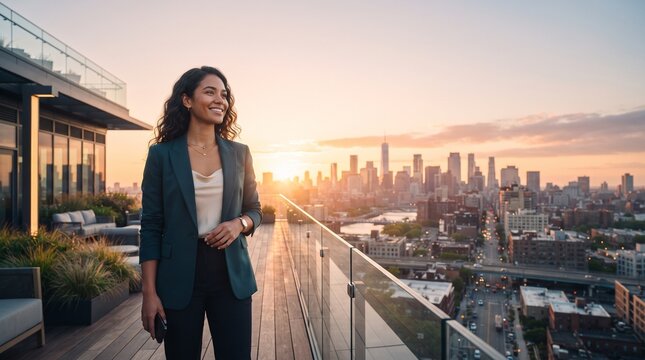 A woman in a suit standing on a rooftop overlooking a city skyline at sunset, with a confident smile