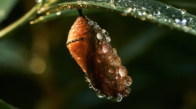 Monarch butterfly chrysalis clings to a leaf surface with sparkling condensation.