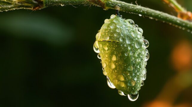 Chrysalis hangs from a green branch covered in morning dew drops.