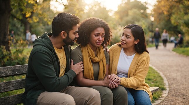Two friends comforting a crying woman on a park bench. The friends are offering support and a shoulder to cry on, showing empathy and care