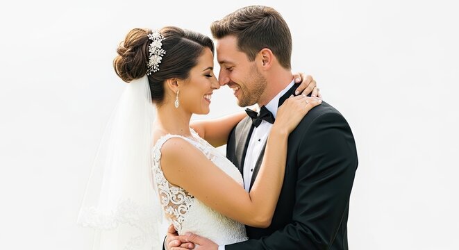 A smiling bride and groom embrace closely against a white background. The bride wears a white lace wedding dress with a veil and a decorative hairpiece.