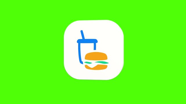 3D animated burger and soda fast food combo icon on a white rounded card with a green screen background. Smooth loop motion, perfect for mobile app UI, takeaway set, and video editing elements.