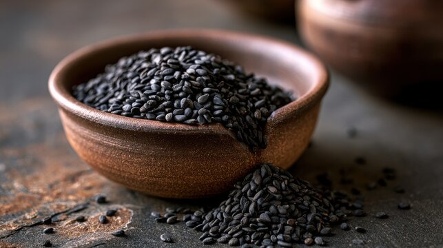 Black sesame seeds fill a rustic ceramic bowl sitting on a textured dark wooden surface.