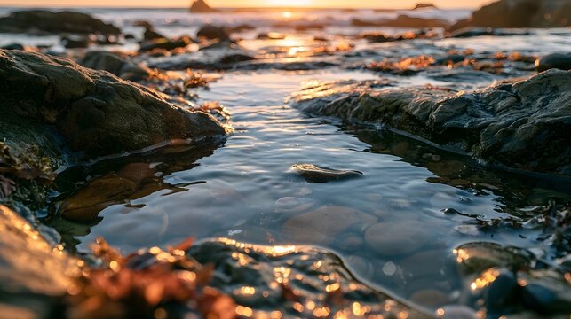 Beautiful isolated tide pool at sunset