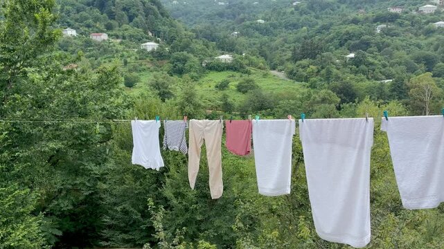 Laundry on the rope in the mountain village in Georgia