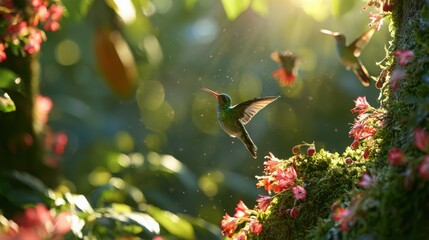 Naklejka premium Hummingbirds flutter amongst soft pink blossoms in a sunlit jungle setting capturing the essence of a thriving ecosystem.