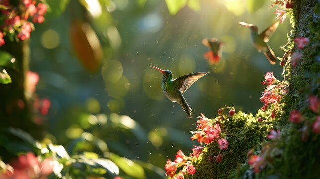 Hummingbirds flutter amongst soft pink blossoms in a sunlit jungle setting capturing the essence of a thriving ecosystem.