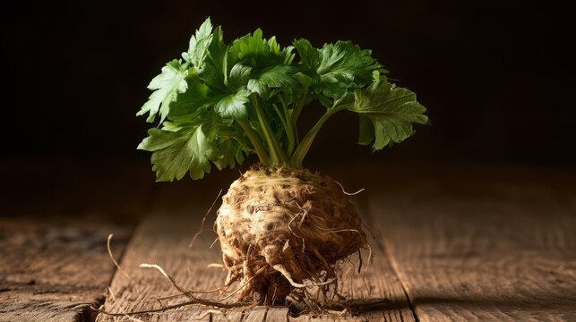 Celeriac bulb featuring long leafy stems rests on a dark weathered timber board.