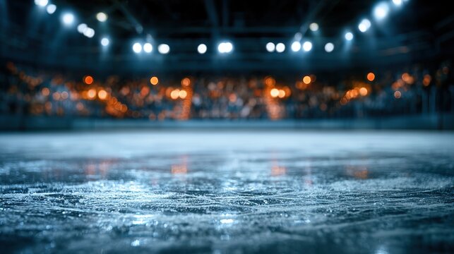 Empty ice surface in hockey arena with light reflections and blurred stands, pre-game calm and anticipation