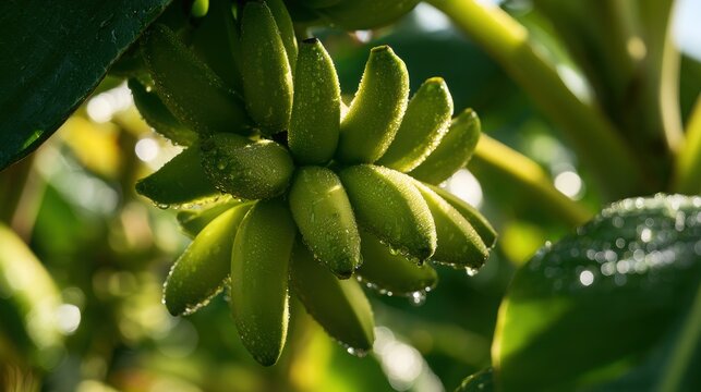 Baby bananas grow in a dense green cluster on a tropical tree branch during a bright morning sunrise.