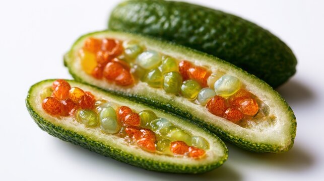 Finger lime citrus fruit cut in half displays colorful translucent juice vesicles on a plain white background.