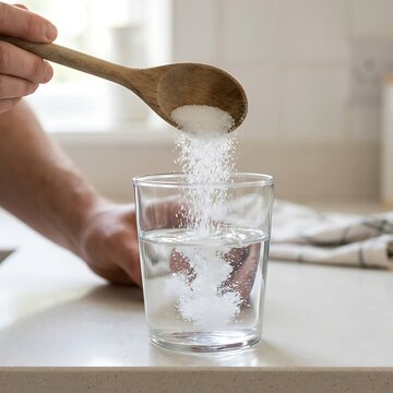 Closeup of a person pouring white powder from a wooden spoon into a glass of water