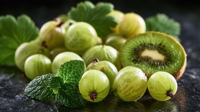 Gooseberries clustered with kiwi fruit slices and mint leaves rest on a dark textured background.