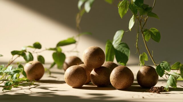Sapodilla harvest sits on a bright wooden table among trailing ivy vines under soft morning sunlight.