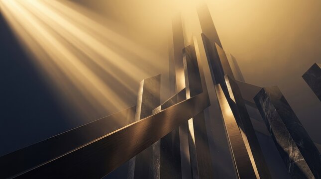 Golden light streams through a complex, abstract architectural structure. Sharp, angular forms dominate the scene, creating a dramatic interplay of light and shadow.