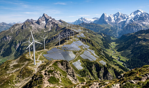 Wind turbines and solar panels on a mountain ridge with clear blue sky and snowy peaks