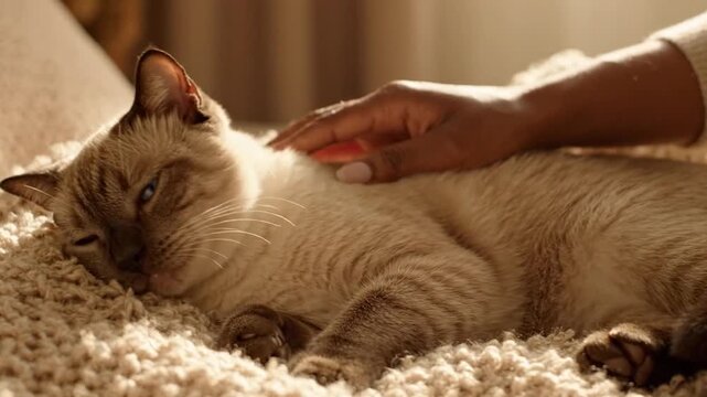 Hand Petting Relaxed Siamese Cat on Soft Rug