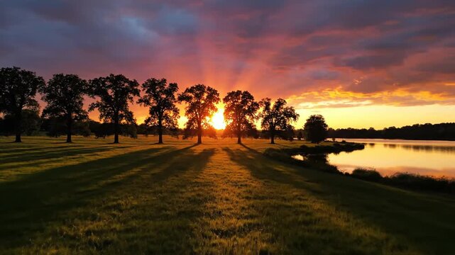 Sunset rays shining through a row of oak trees by a calm lake at golden hour