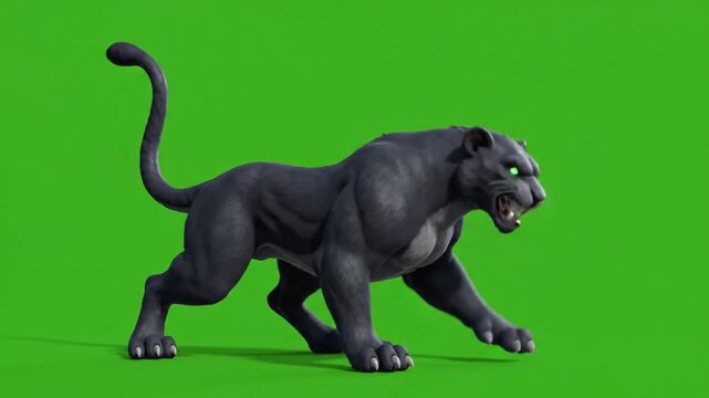 3D cartoon panther and cartoon panther performing panther animation prowling fiercely on green screen background