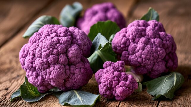 Cauliflower heads with deep purple florets rest on a rustic wooden table for a healthy meal preparation.