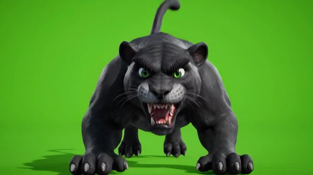 3D cartoon panther and cartoon panther showing panther animation during aggressive stalking pose