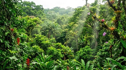 Fototapeta premium A lush rainforest scene unfolds before the viewer, showcasing a dense canopy of vibrant green trees and foliage.
