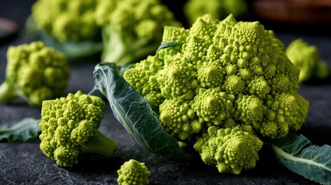 Romanesco broccoli head sits on a dark rustic table to emphasize the striking mathematical spirals found in its natural structure.