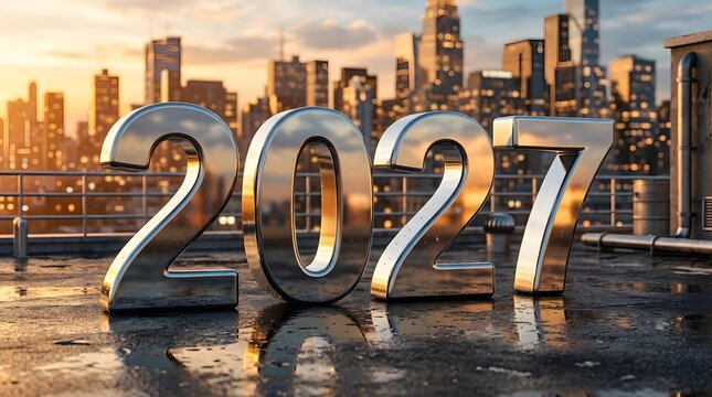 Shiny metallic 2027 numbers standing on a rooftop overlooking a city skyline at golden hour sunset