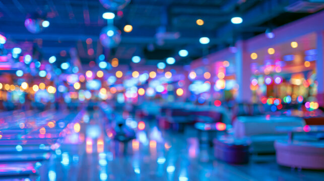 Defocused indoor bowling alley with vivid blue pink and amber bokeh lights, polished lanes and lounge seating for recreation, nightlife and entertainment background use