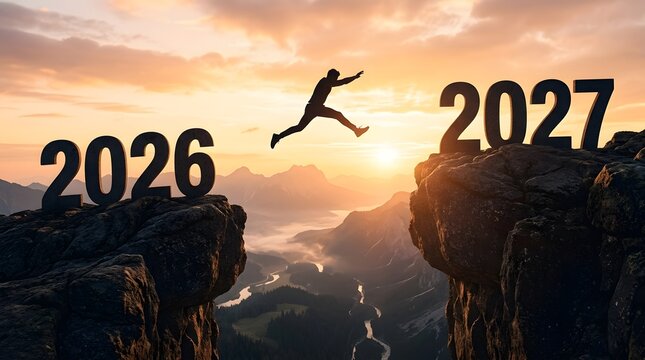 A silhouette of a person jumping across a cliff from the year 2026 to 2027 at sunset
