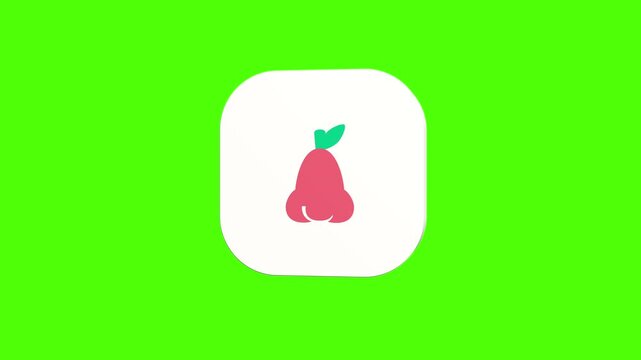 3D animated fresh rose apple icon on a white rounded card with a green screen background. Smooth loop motion, perfect for mobile app UI, tropical fruit, and video editing elements.