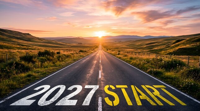 Empty asphalt road leading into the horizon with 2027 start text written on the ground at sunset