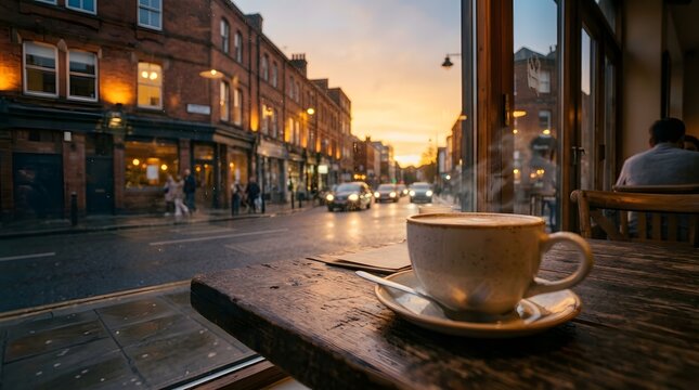A warm cup of coffee on a table overlooking a busy city street during a golden sunset