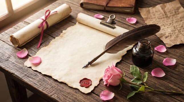 Vintage parchment paper on wooden desk with quill pen and inkwell. Antique letter writing set with pink rose and wax seal. Romantic historical stationery.