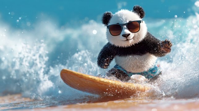 Playful panda, wearing shades and board shorts, skillfully rides a wave on a surfboard, surrounded by ocean spray