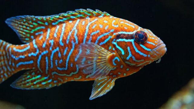 Vibrant Turquoise Jewel Cichlid Swimming in Dark Aquarium