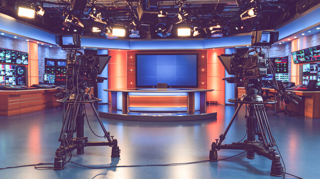 Modern TV News Studio Interior with Professional Cameras, Screens and Lighting