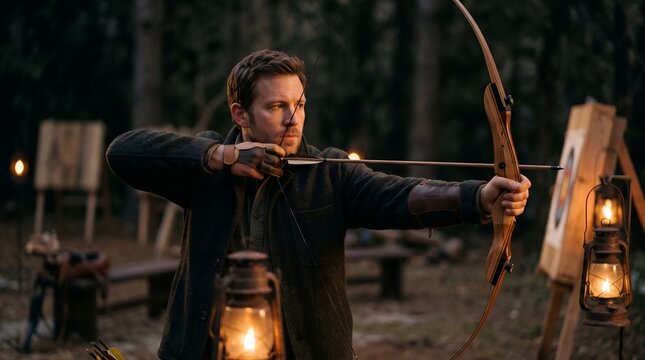 Man practicing archery with a traditional wooden bow at night in forest