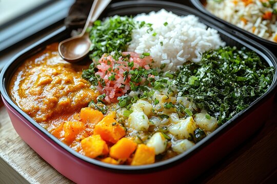 Healthy brazilian feijoada bowl with rice, collard greens, farofa, root vegetables, and pumpkin stew served in modern bento box